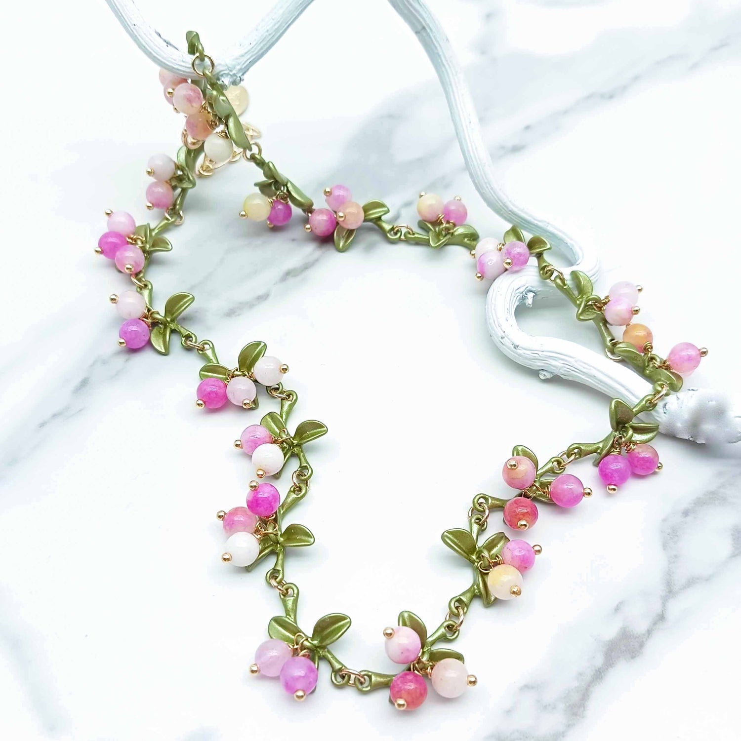 Pink Berry Garden Necklace – Semi-Precious Stones & Enamel Leaves