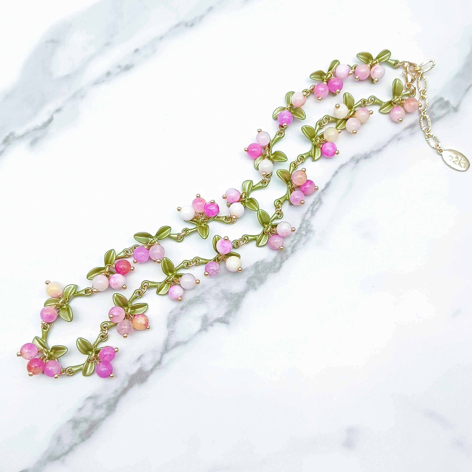 Pink Berry Garden Necklace – Semi-Precious Stones & Enamel Leaves