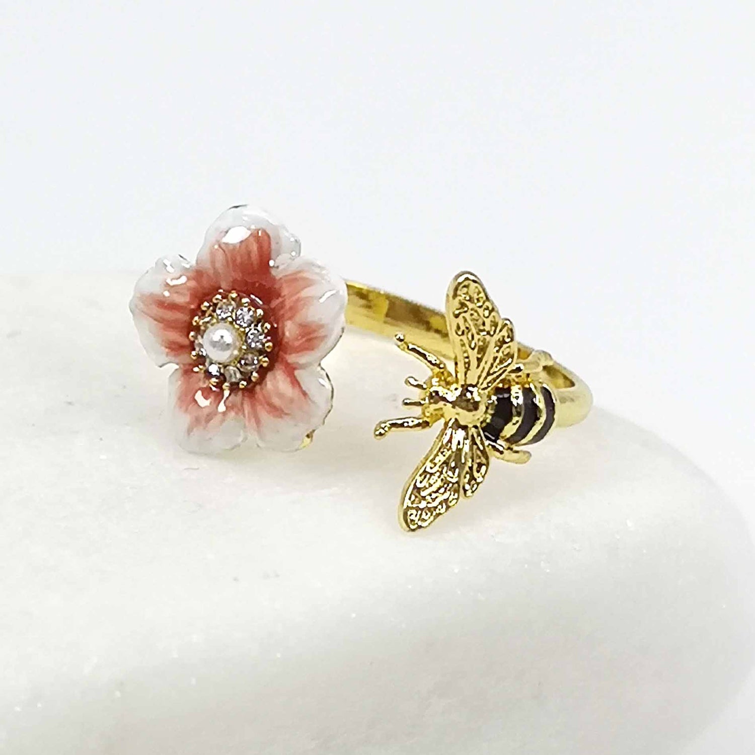 Bee & Blossom Adjustable Ring – Hand-Painted Enamel on Gold-Plated Brass