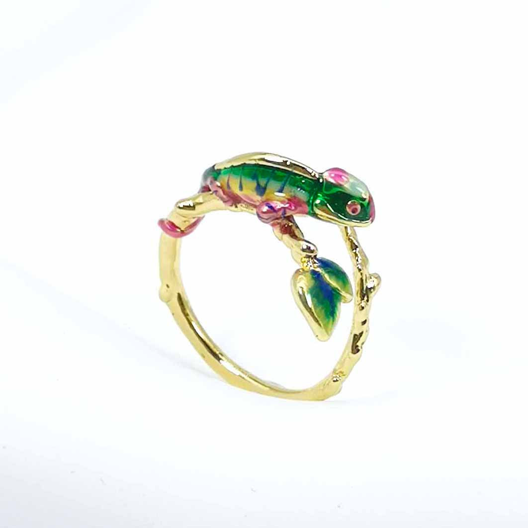 Handpainted Enamel Chameleon Ring – Adjustable Gold-Plated Statement Design