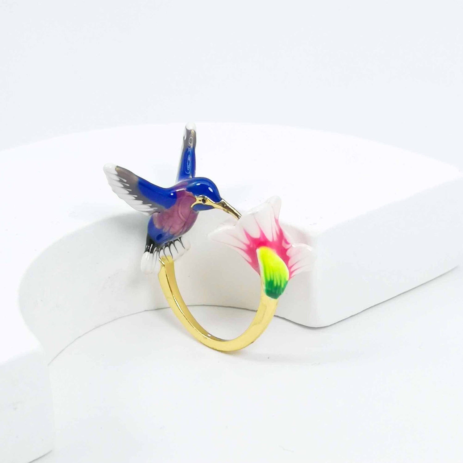 Hummingbird and Flower Adjustable Ring – Handpainted Enamel Brass Gold-Plated Ring
