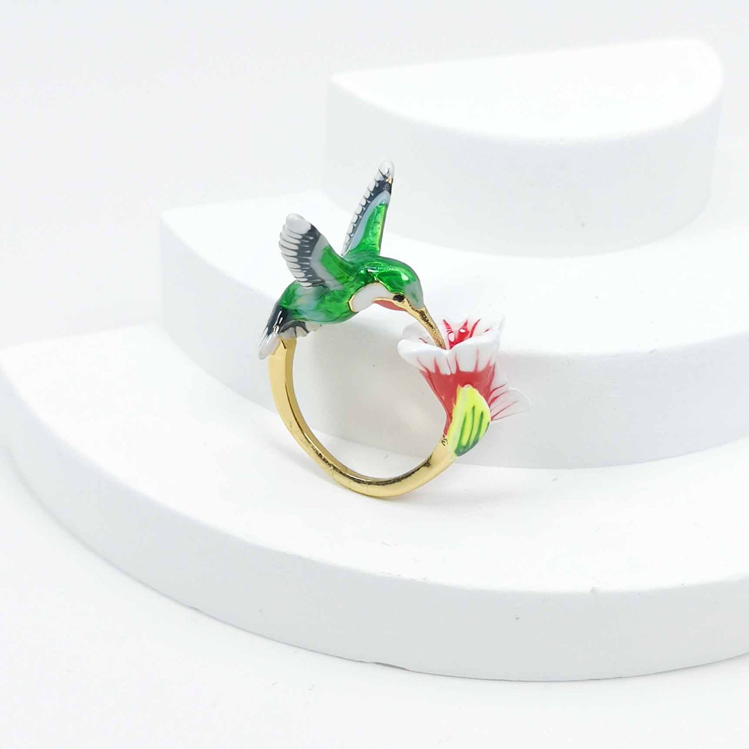 Hummingbird and Flower Adjustable Ring – Handpainted Enamel Brass Gold-Plated Ring
