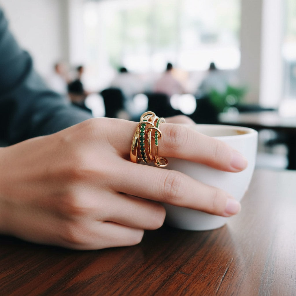 Gold linked ring set with green cubic zirconia stones shown on hand holding a coffee cup in a café setting.