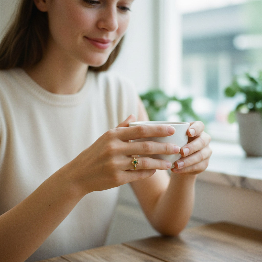 Woman holding a white mug in a bright indoor setting with plants.
