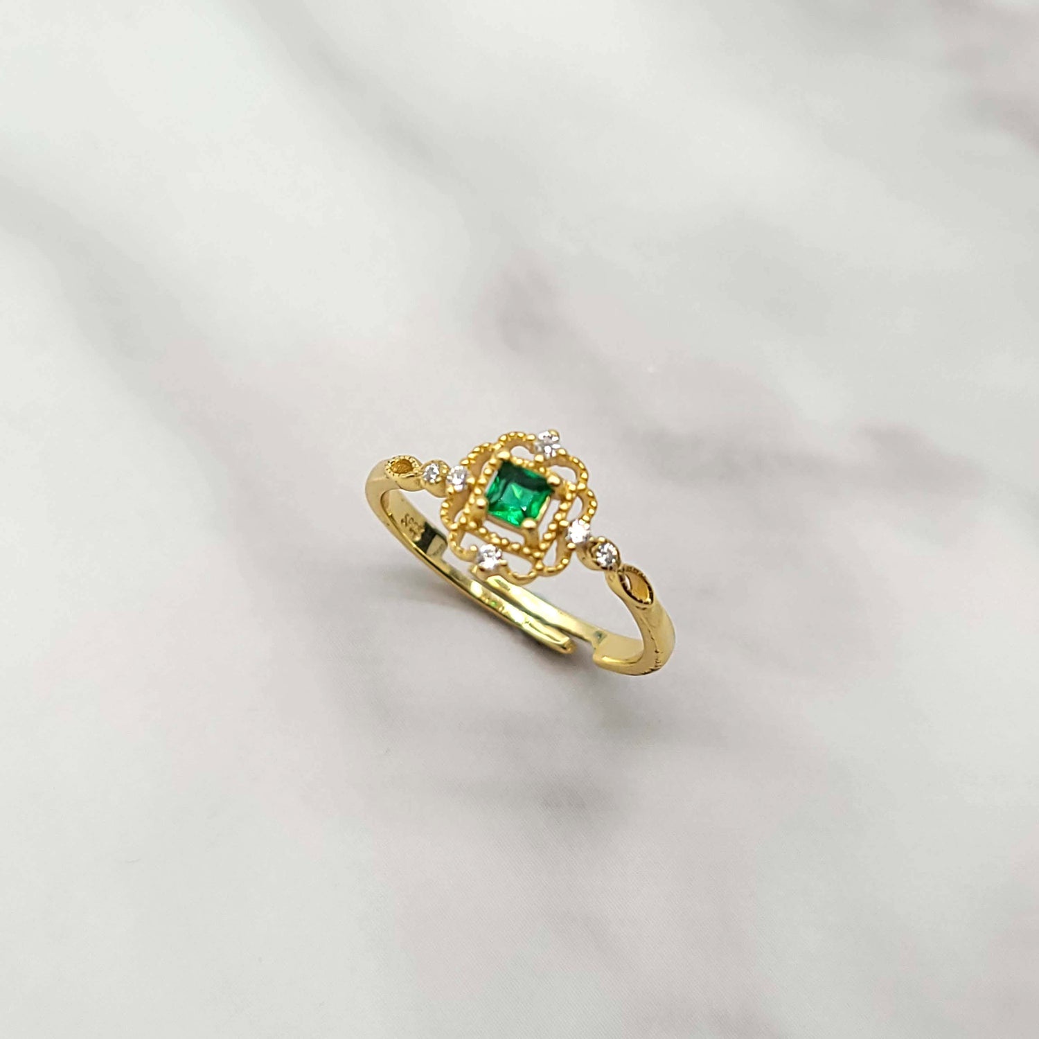 May Birthstone Square Emerald Green CZ Open Adjustable Ring