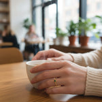 Person holding a white mug on a wooden table with a blurred cafe background