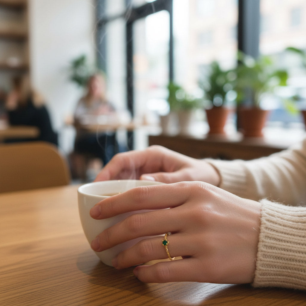 Person holding a white mug on a wooden table with a blurred cafe background