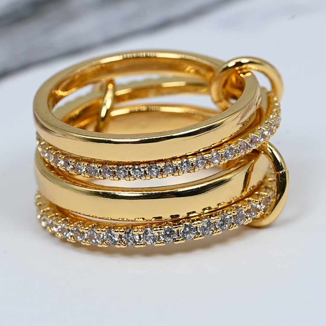 Stackable Link Gold-Plated Ring with Zirconia , Set of Three Gold Plated CZ Adjustable Rings