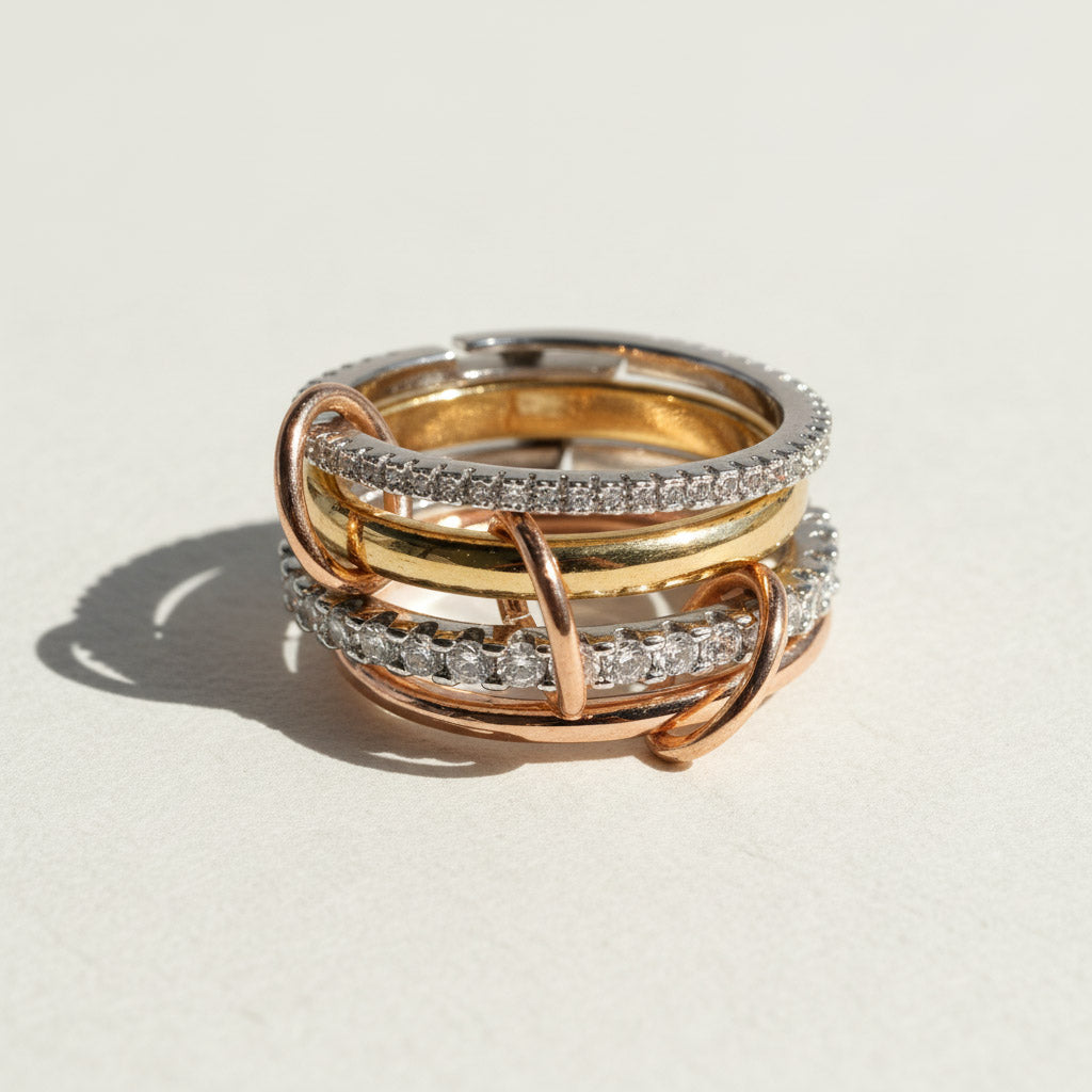 Stacked three-tone linked ring set in gold, silver, and rose gold with cubic zirconia detailing on neutral background.