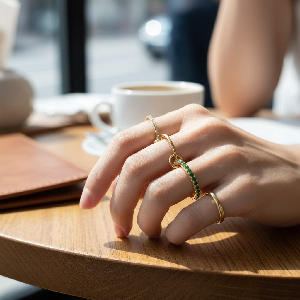 Hand with gold rings on a wooden table with a blurred background