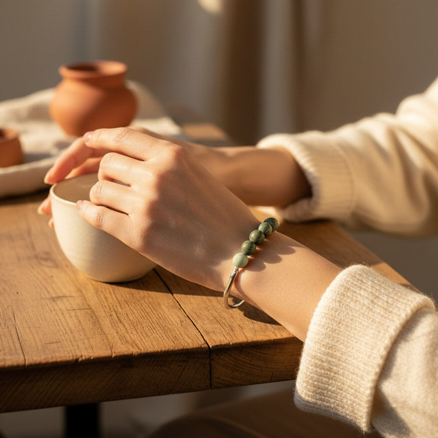 African Turquoise Jasper bracelet styled on wrist at wooden table in soft sunlight