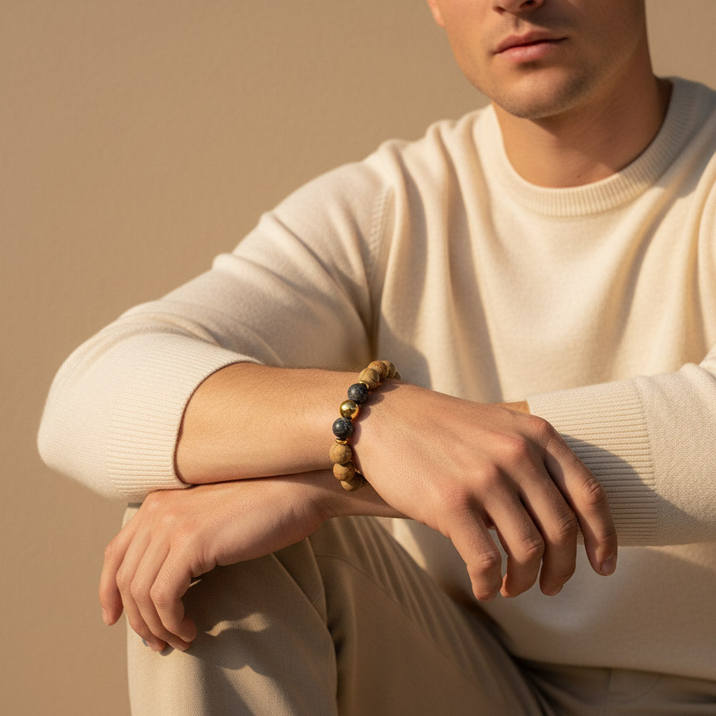 Picture Jasper and Zebra Jasper gemstone bracelet worn on wrist in warm sunlight
