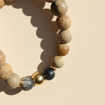 Close up of Picture Jasper and Zebra Jasper natural gemstone bracelet with stainless steel bead