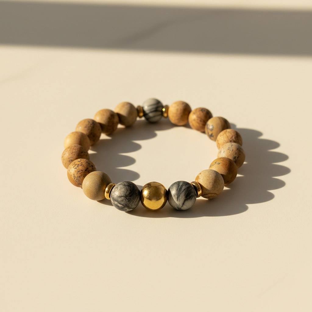 Natural Picture Jasper gemstone bracelet with Zebra Jasper accent beads on a beige background