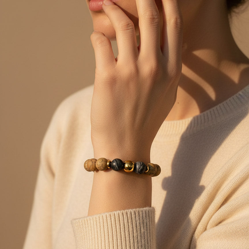 Picture Jasper and Zebra Jasper bracelet worn by model in warm sunlight