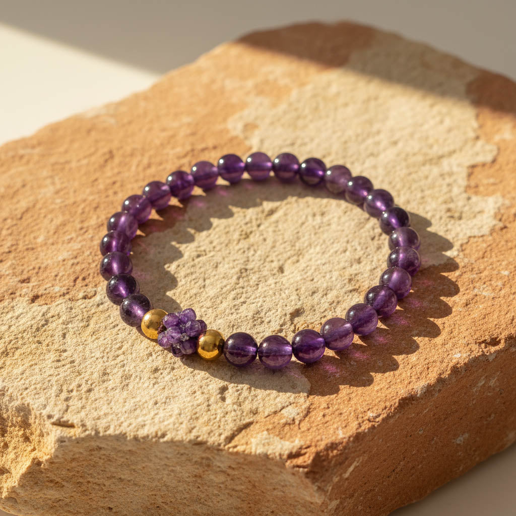 Natural amethyst bracelet with faceted amethyst cluster centerpiece and gold beads