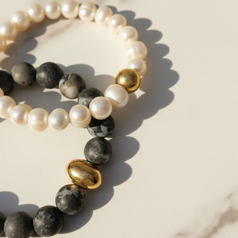Close-up of Picasso Jasper beads with freshwater pearls and gold stainless steel bead