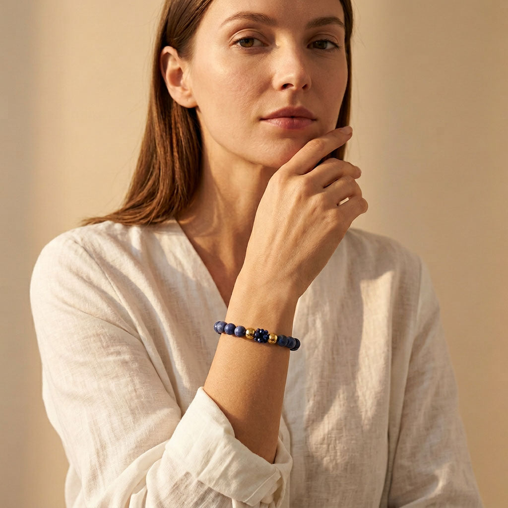 Sodalite and lapis lazuli gemstone bracelet worn on wrist in warm sunlight.