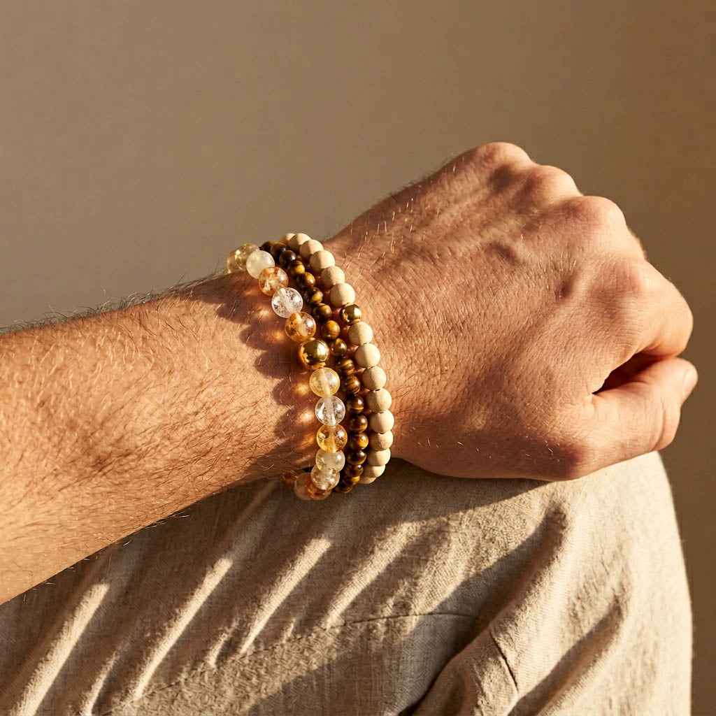 Tiger Eye Rutilated Quartz and camphor wood beaded bracelet worn on male wrist