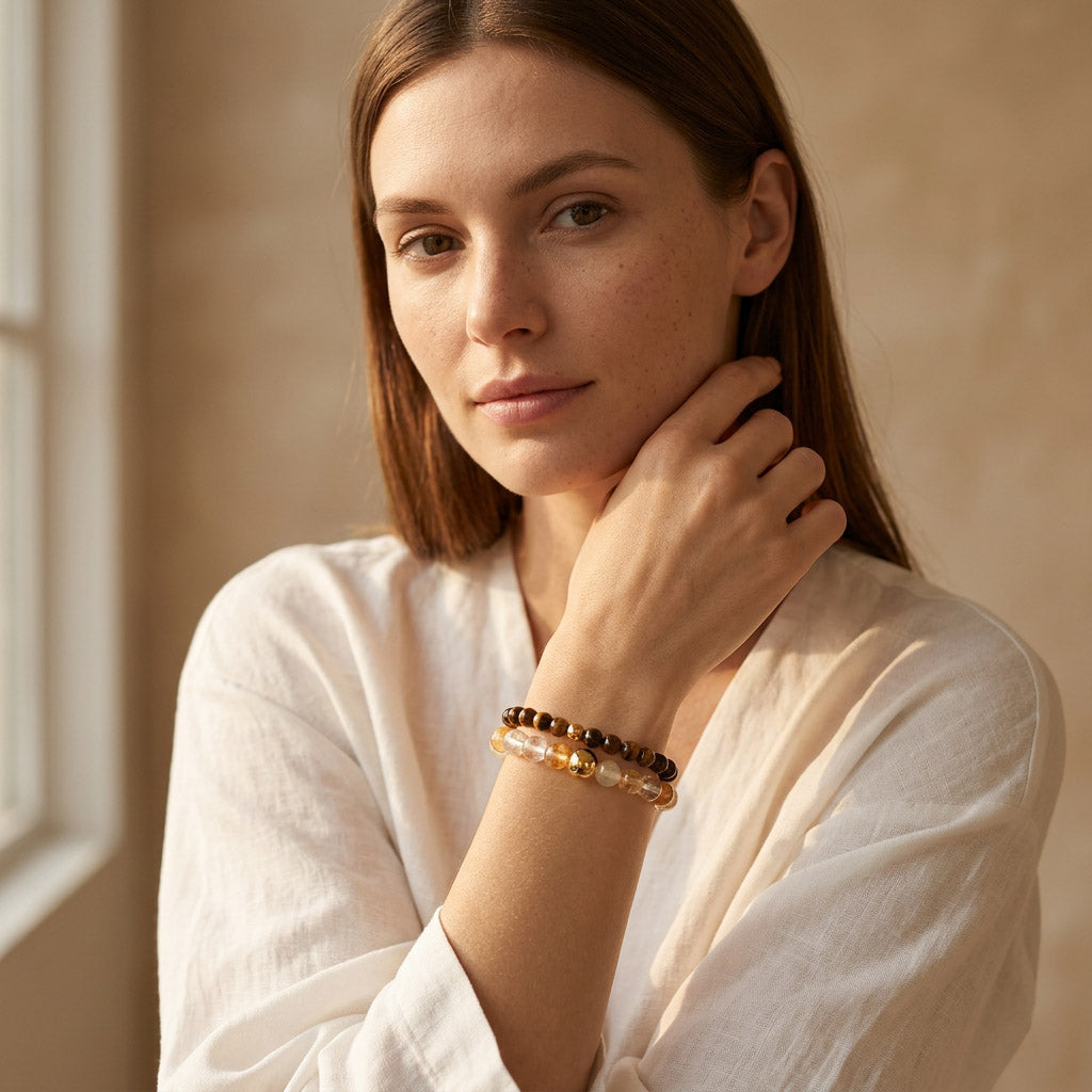 Minimal gemstone bracelet with Tiger Eye Rutilated Quartz and camphor wood beads
