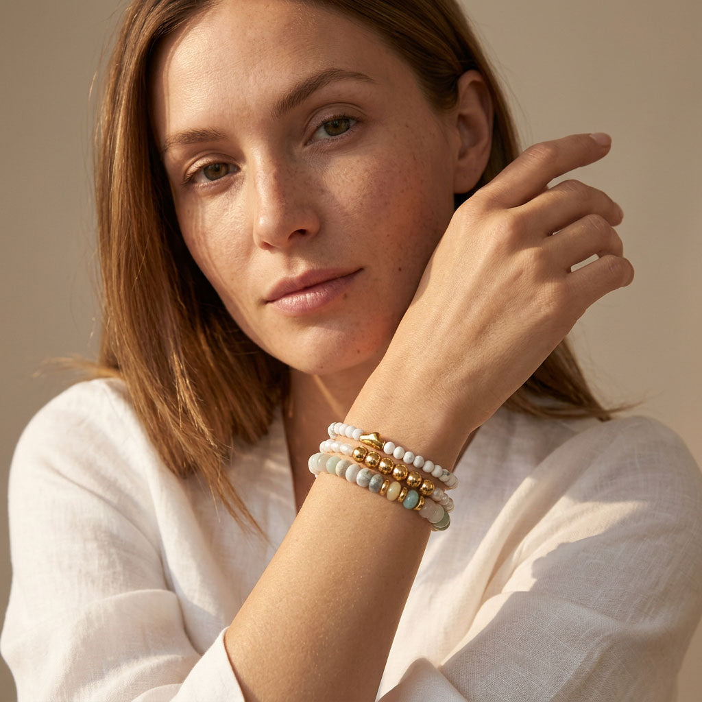 Layered gemstone bracelets with amazonite, white turquoise and pearl with gold stainless steel beads