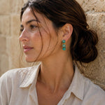 Woman wearing African Turquoise triple bead earrings against a stone wall