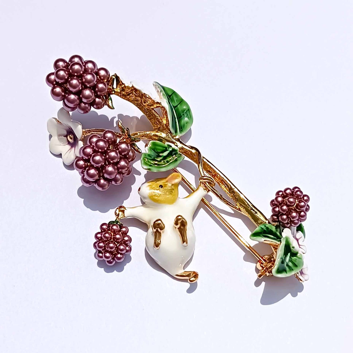 Whimsical Mouse & Berry Enamel Brooch