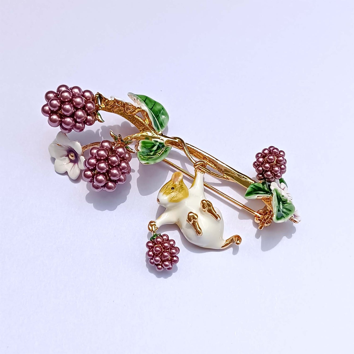 Whimsical Mouse & Berry Enamel Brooch