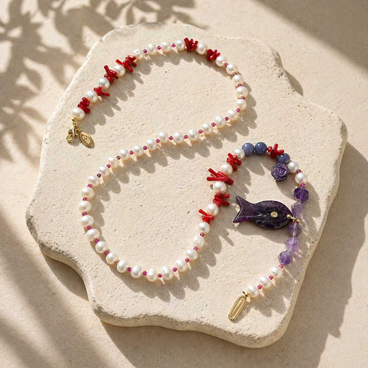 Amethyst Fish & Coral Pearl Necklace