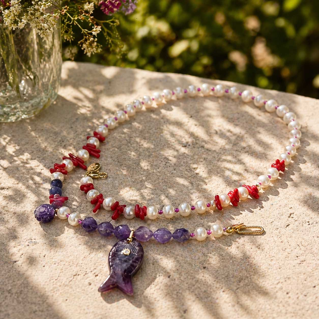 Amethyst Fish & Coral Pearl Necklace