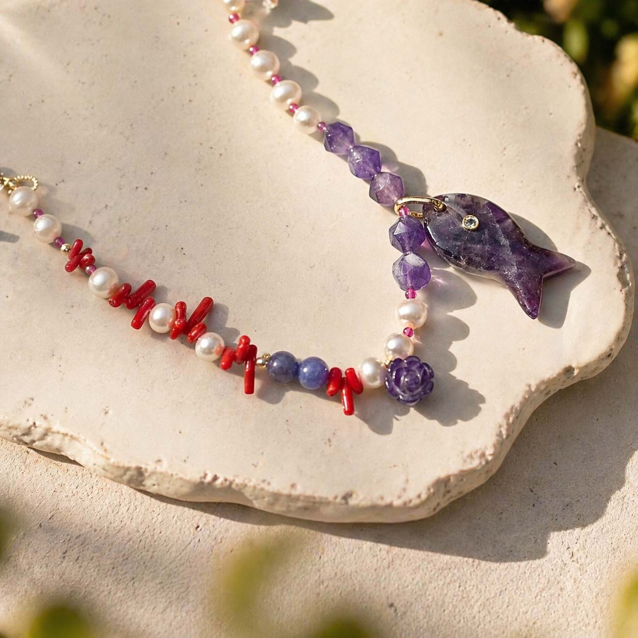 Amethyst Fish & Coral Pearl Necklace