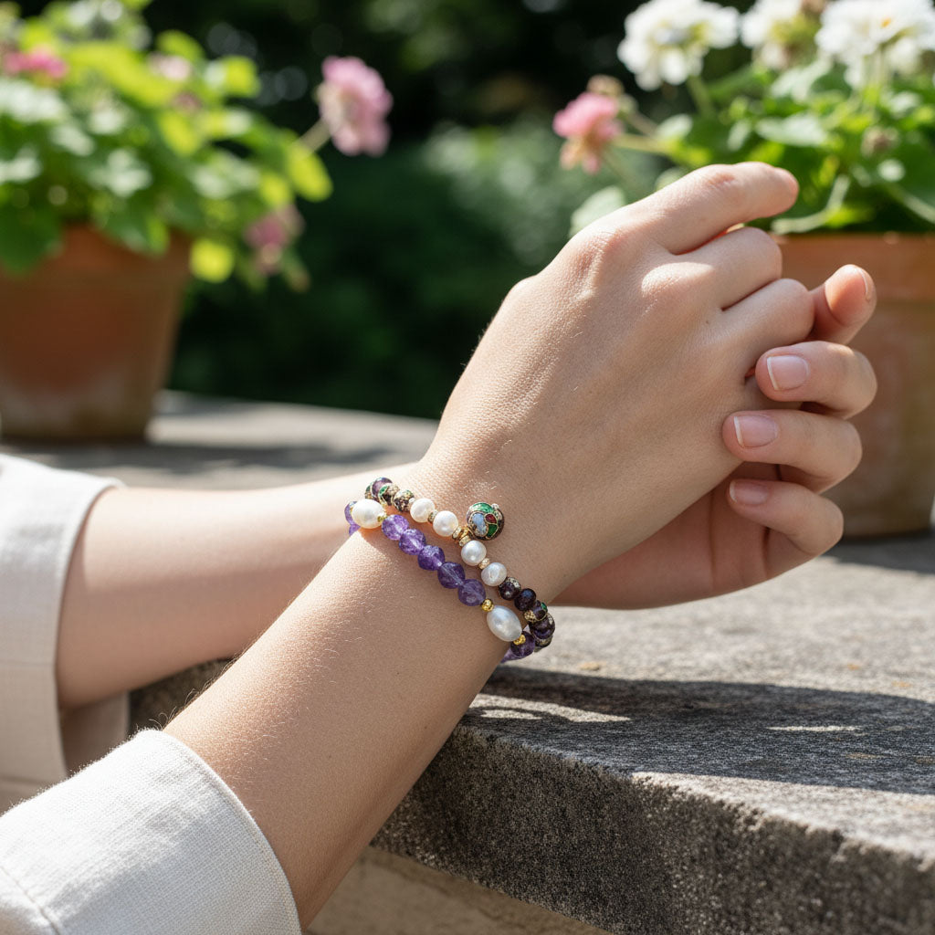 Handcrafted Floral, Amethyst & Cloisonné Beaded Bracelet Set (3pcs)