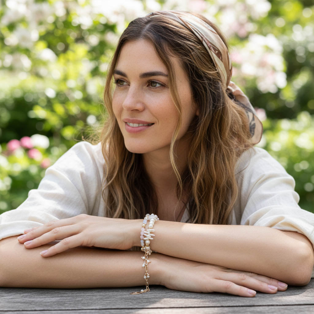 Rose Quartz & Baroque Pearl Botanical Bracelet