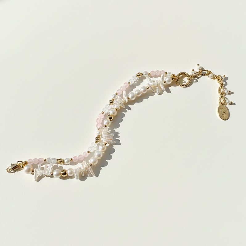 Rose Quartz & Baroque Pearl Botanical Bracelet