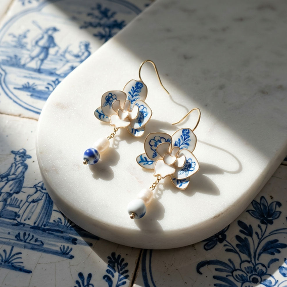Blue Porcelain Orchid Earrings