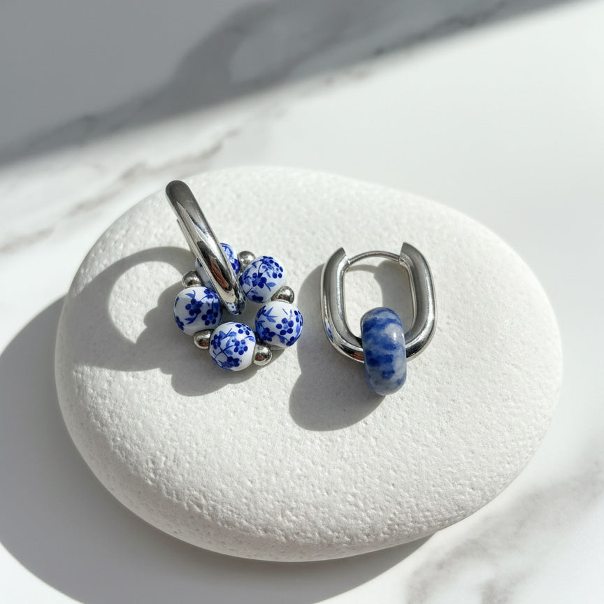 Blue & White Porcelain Hoop Earrings with Sodalite Stone