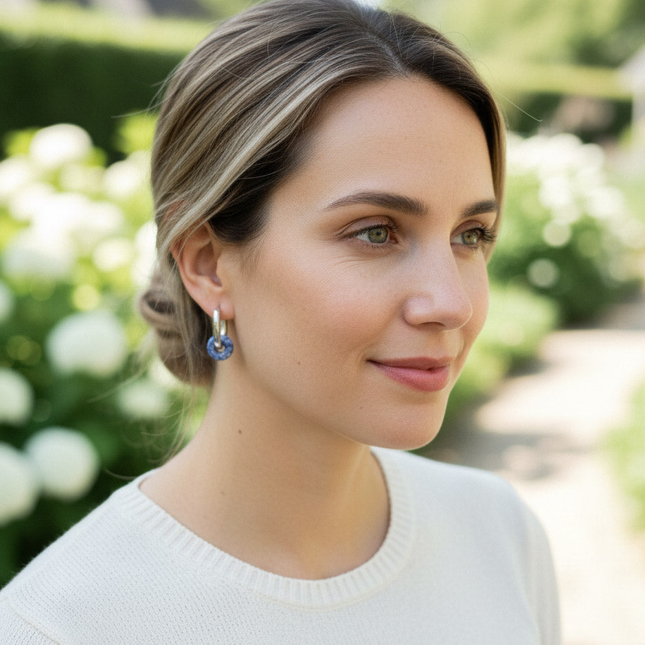 Blue & White Porcelain Hoop Earrings with Sodalite Stone