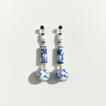 Blue & White Porcelain Dangle Earrings with Pearls & Lapis