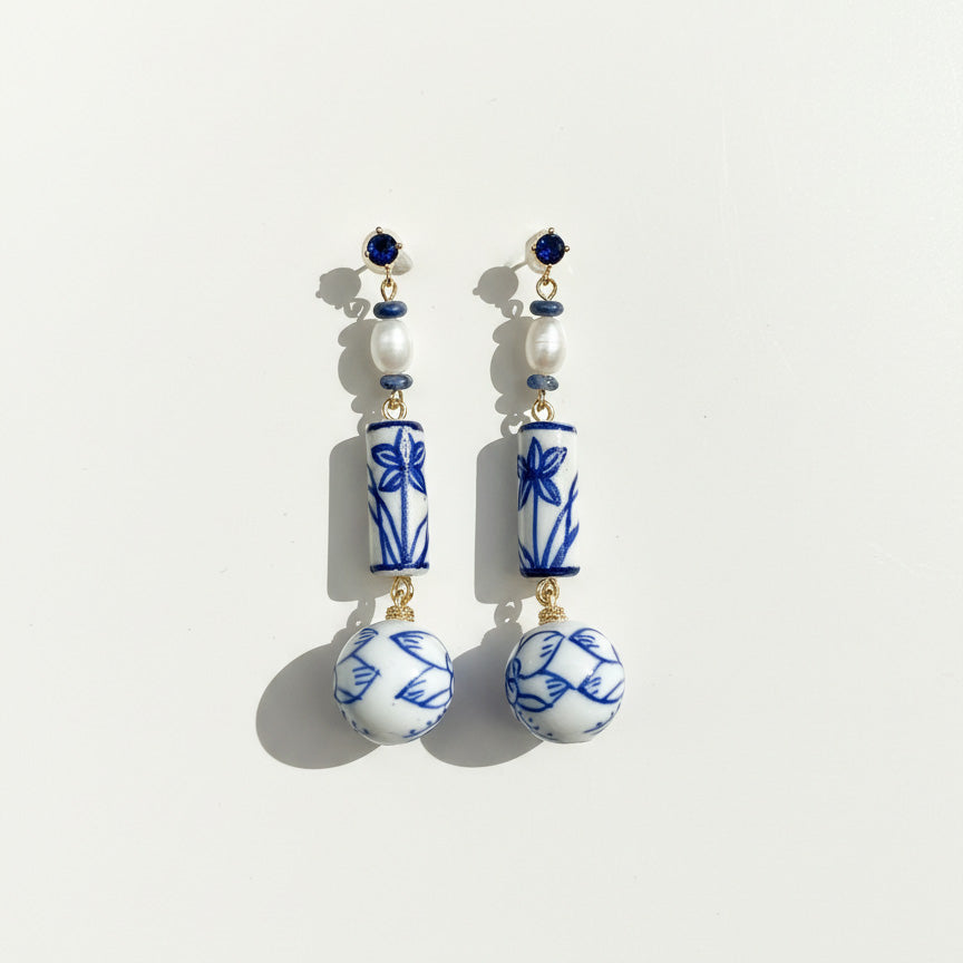 Blue & White Porcelain Dangle Earrings with Pearls & Lapis