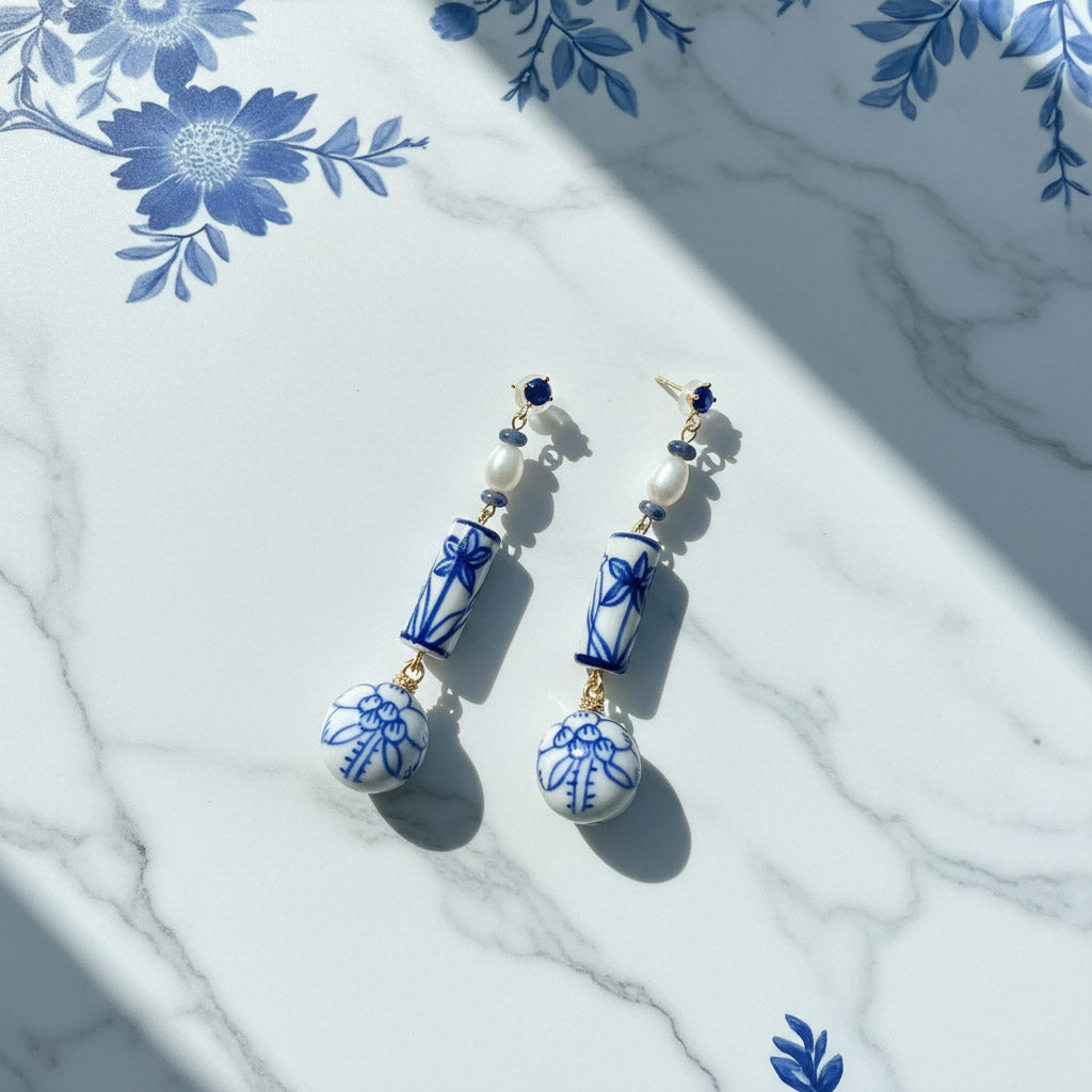 Blue & White Porcelain Dangle Earrings with Pearls & Lapis