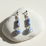 Blue & White Porcelain Dangle Earrings with Pearls & Lapis