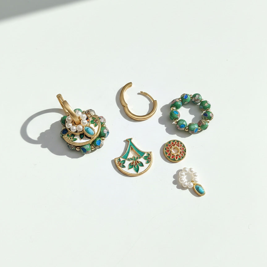 Convertible Green Cloisonné & Pearl Multi-Way Hoop Earrings