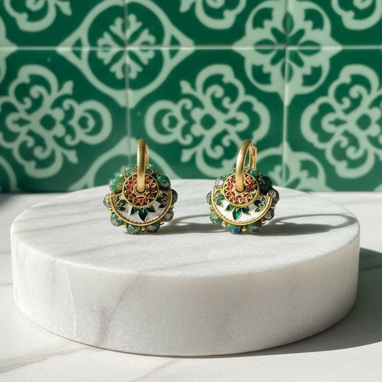 Convertible Green Cloisonné & Pearl Multi-Way Hoop Earrings