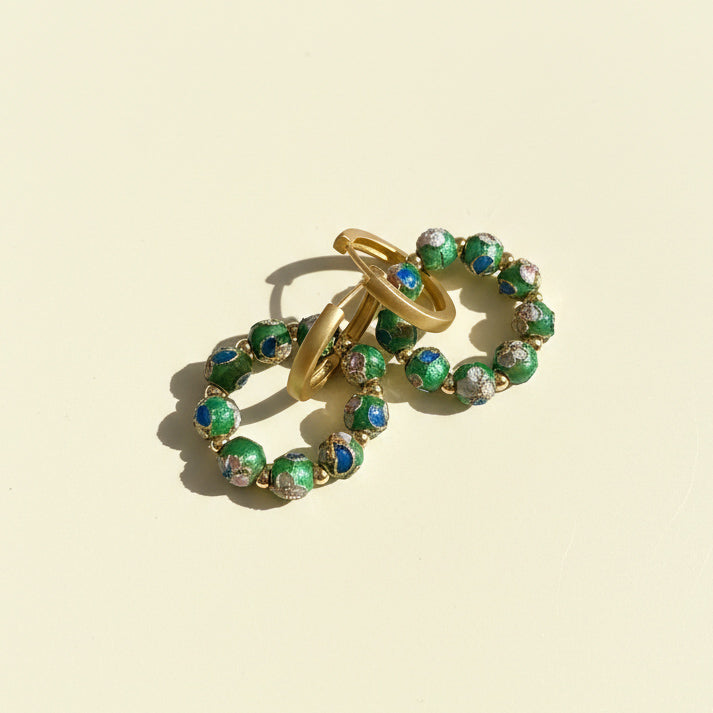 Convertible Green Cloisonné & Pearl Multi-Way Hoop Earrings