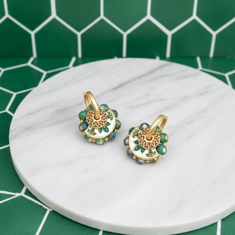 Convertible Green Cloisonné & Pearl Multi-Way Hoop Earrings