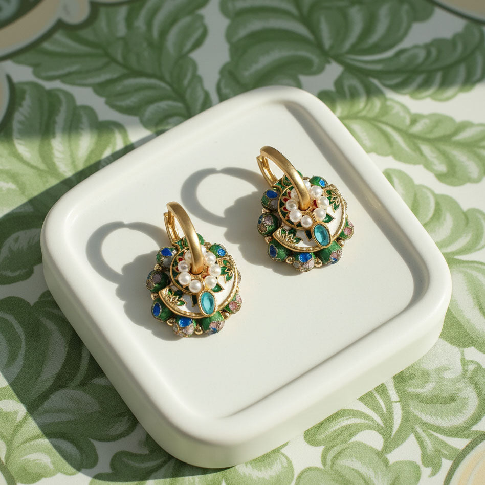 Convertible Green Cloisonné & Pearl Multi-Way Hoop Earrings