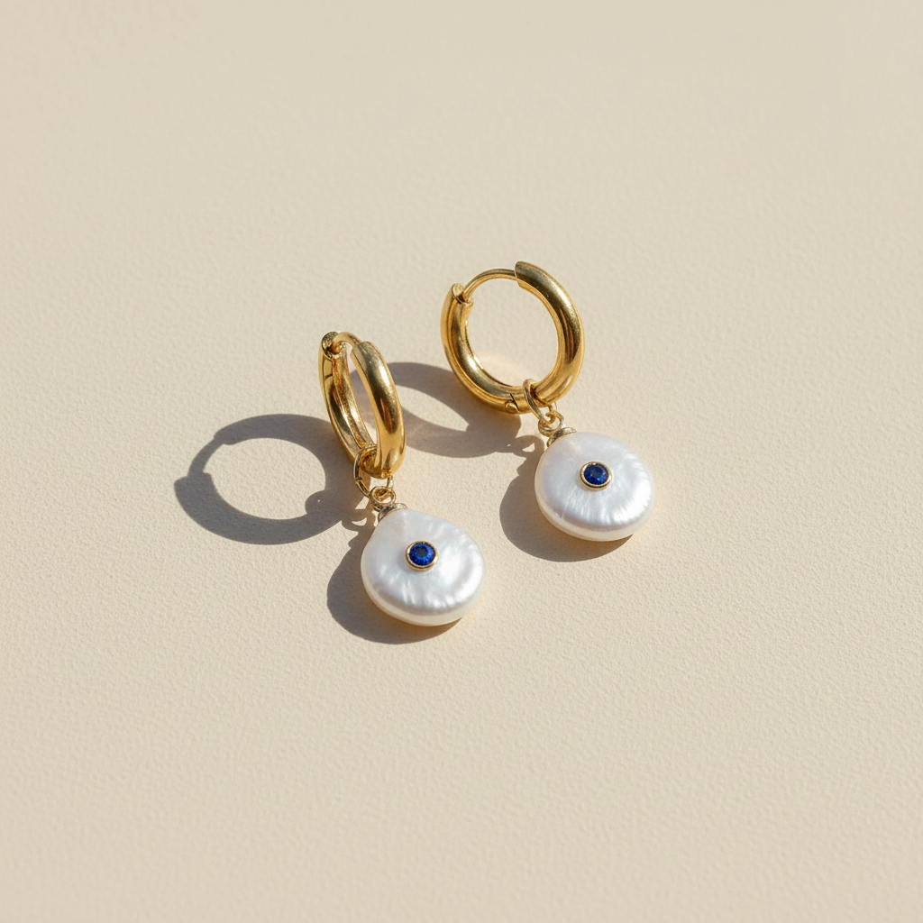 Gold hoop earrings with pearl drops on a beige background