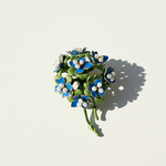 Hand-Painted Blue Floral Brooch with Freshwater Pearls