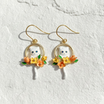 Hand-Painted Enamel Cat & Floral Drop Earrings