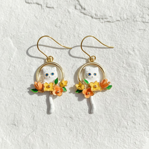 White Cat Floral Earrings